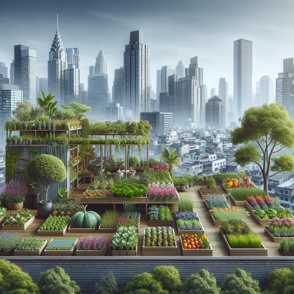 A realistic image of urban gardening on a rooftop with city skyline in the background.
