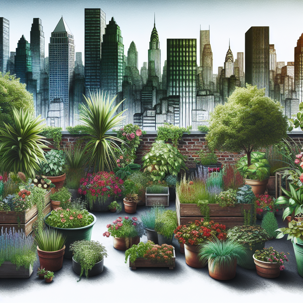 A rooftop garden in an urban setting, with lush plants and flowers in pots, against a backdrop of city buildings.