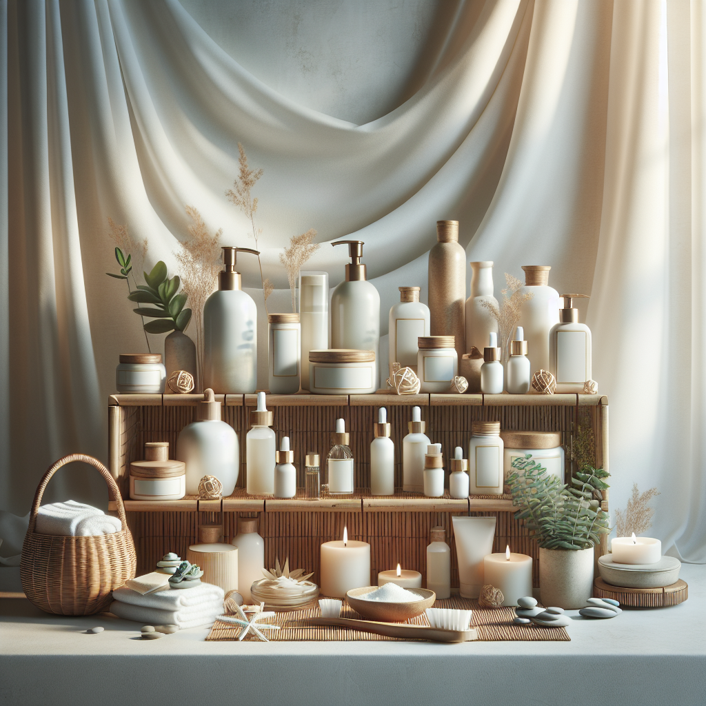 A serene wellness spa arrangement featuring QN Wellness products on a bamboo shelf, with white drapery in the background, highlighted by soft natural lighting, and hints of greenery for an organic feel.