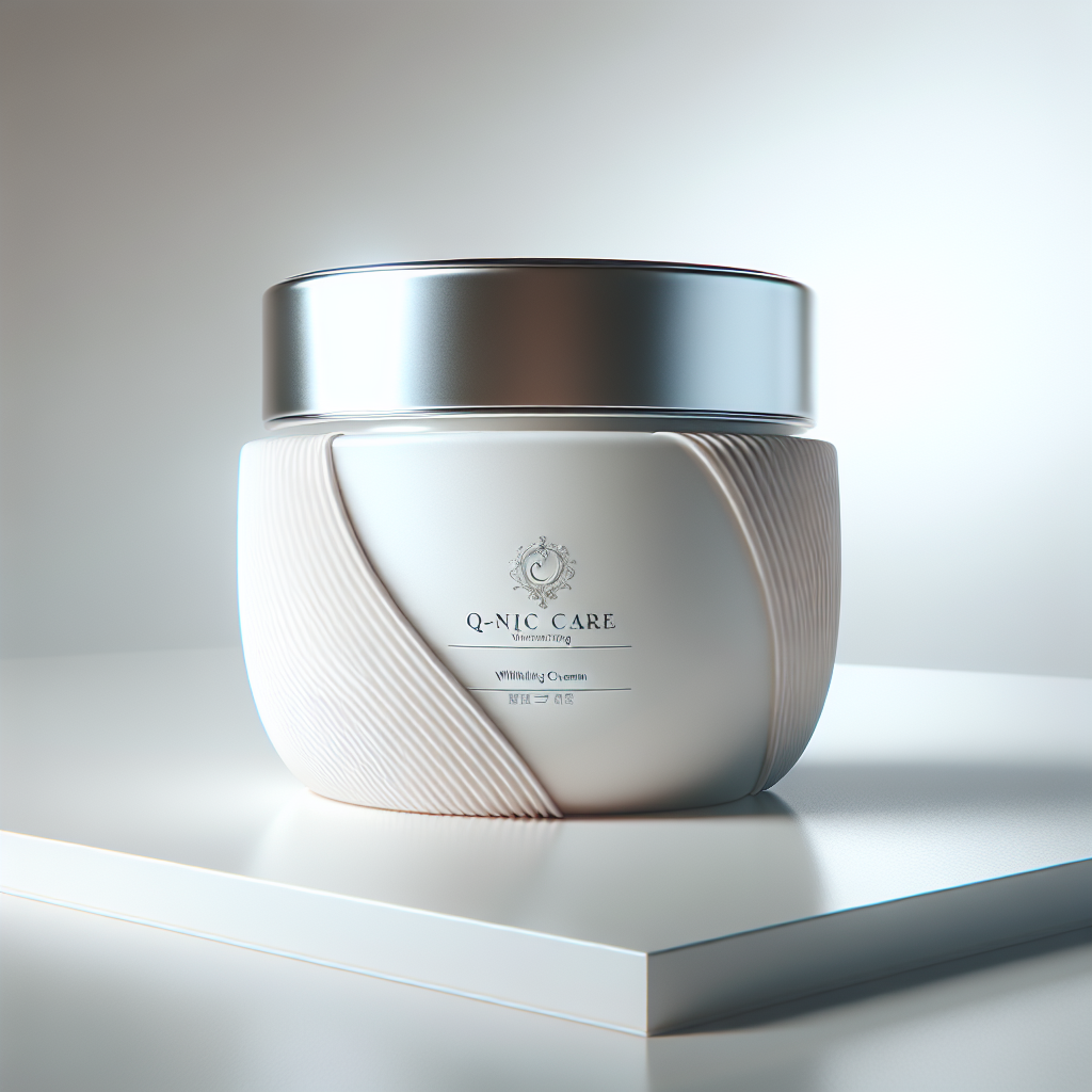 A luxury white jar of Q-Nic Care Whitening Underarm Cream on a white background with even lighting and a silver lid.