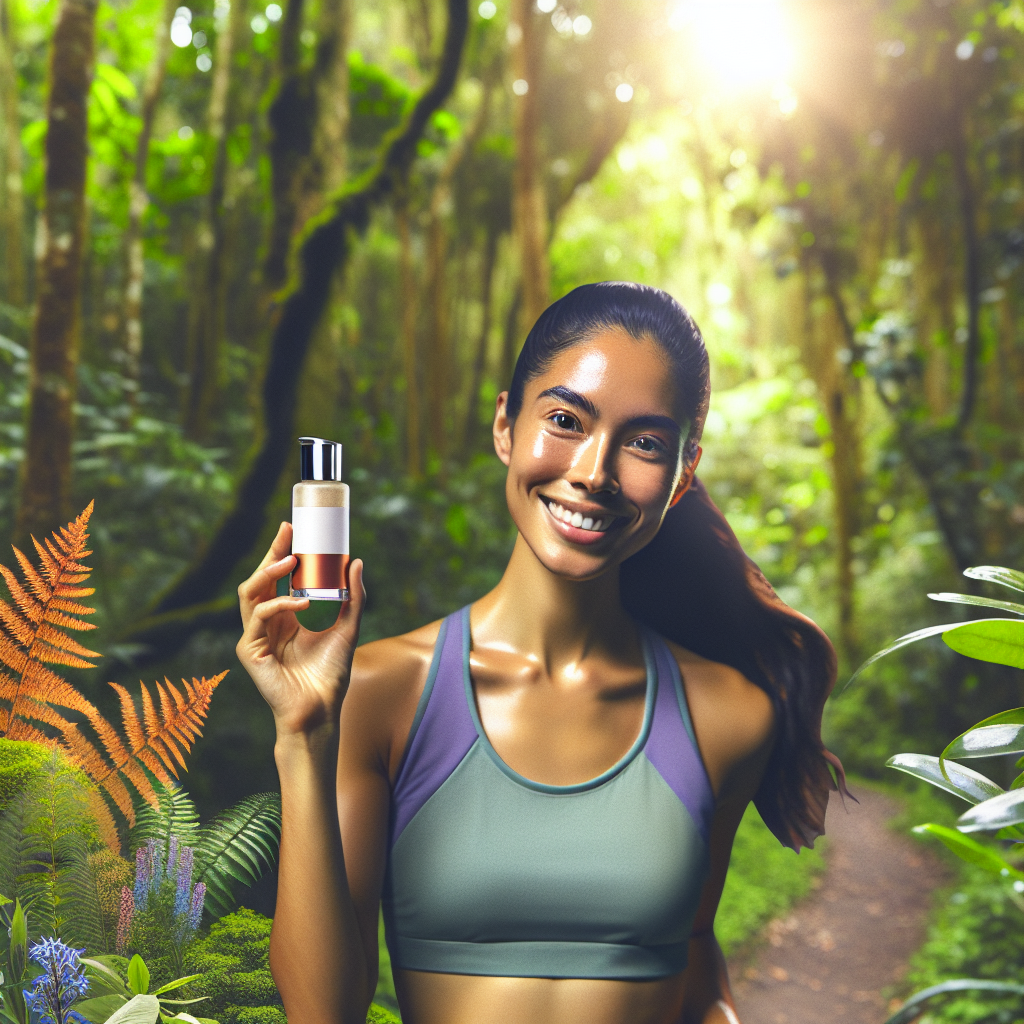 Fit female athlete in workout gear, holding QN Wellness Cool Beauty skincare in a green park, exuding health and vitality.