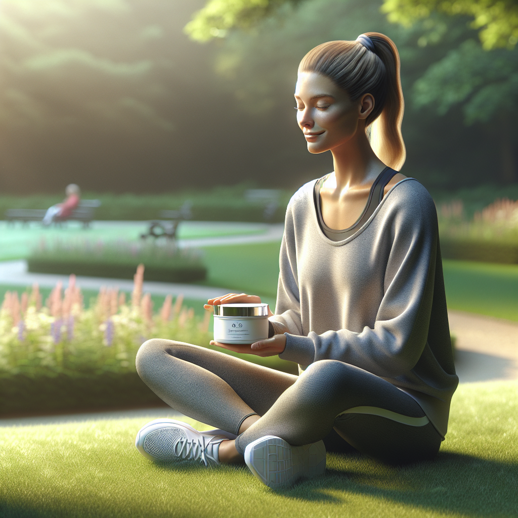 Female athlete sitting on grass with 'QN Wellness Cool Beauty' skin cream in a park environment, with morning sunlight.