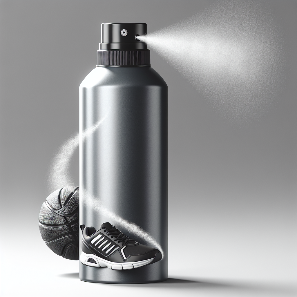 A realistic image of a sportswear deodorizing spray bottle with visible mist.