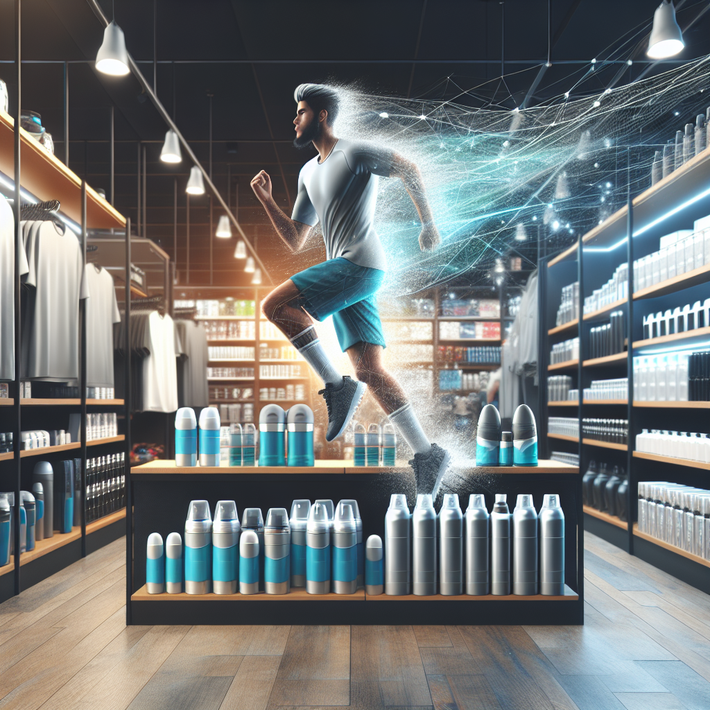 Image of a sports gear store with shelves full of sports deodorizers in action, portraying a realistic and vibrant atmosphere.