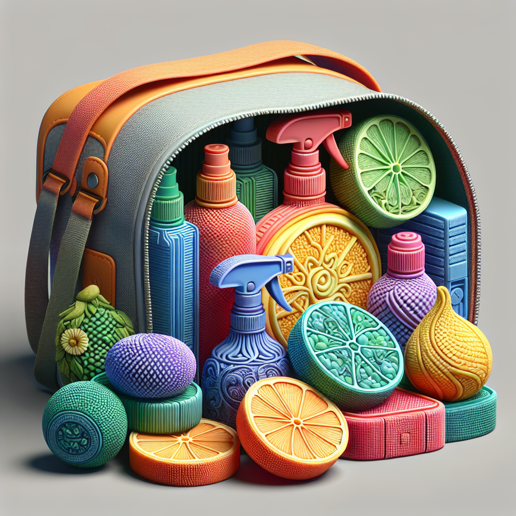Realistic assortment of gym bag fresheners beside an open gym bag based on the reference style. The fresheners have different designs and colors indicative of various scents.