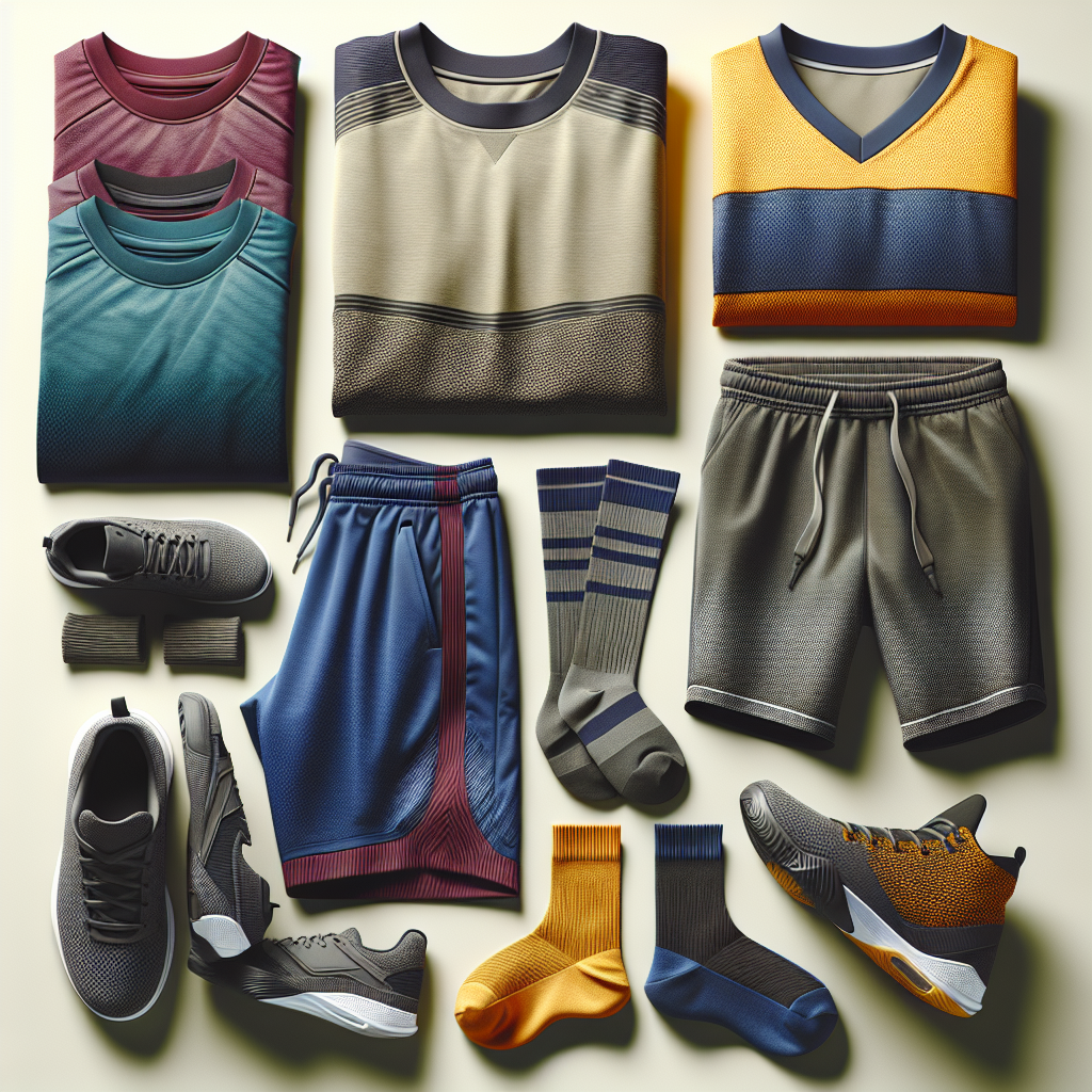 Realistic image of fresh and clean sports apparel arranged neatly.