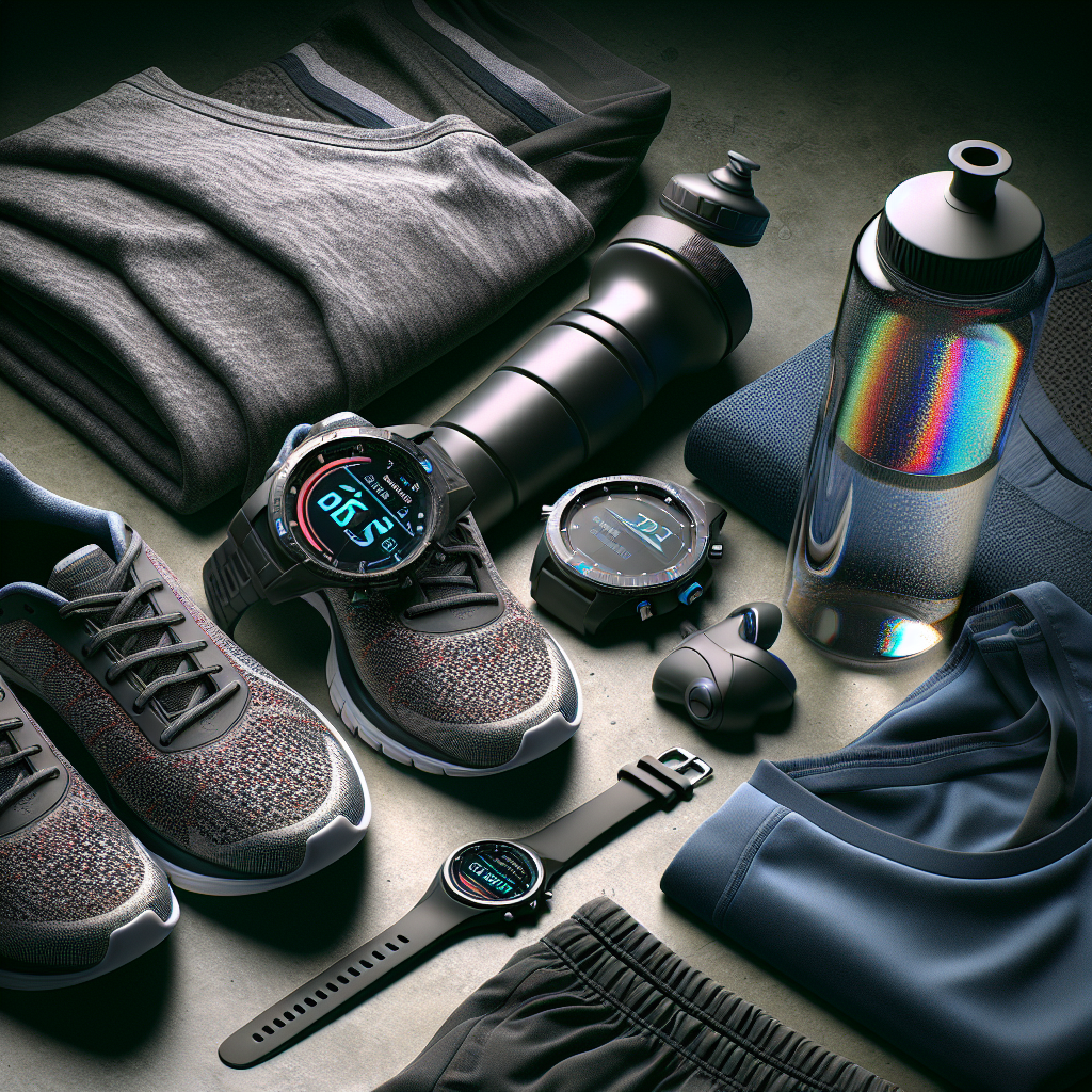 Realistic image of various athletic gear including running shoes, a sports watch, a water bottle, and gym clothes.