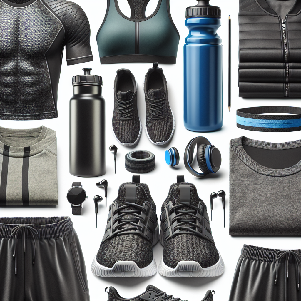 A realistic depiction of various athletic gear including sneakers, a water bottle, and sports clothing.