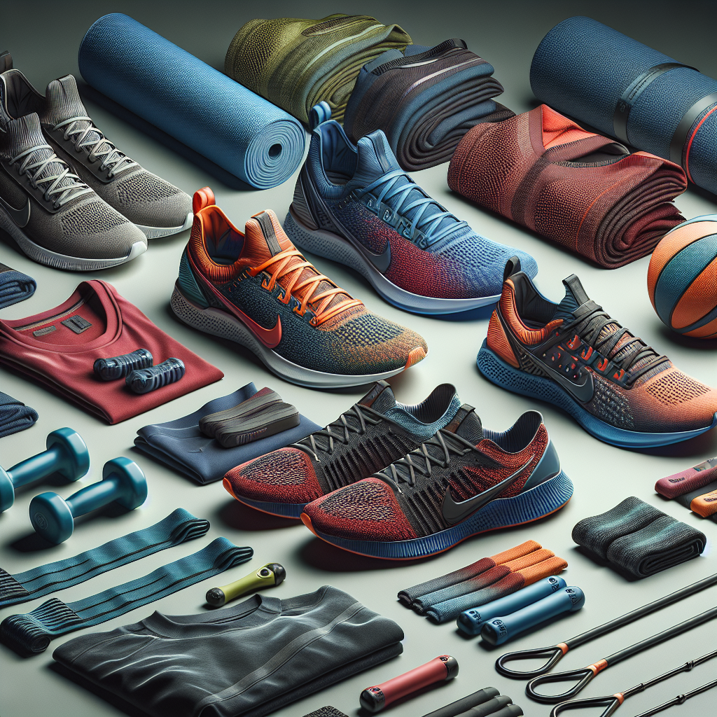 A realistic depiction of athletic gear showcasing various items like running shoes, sportswear, and fitness accessories.