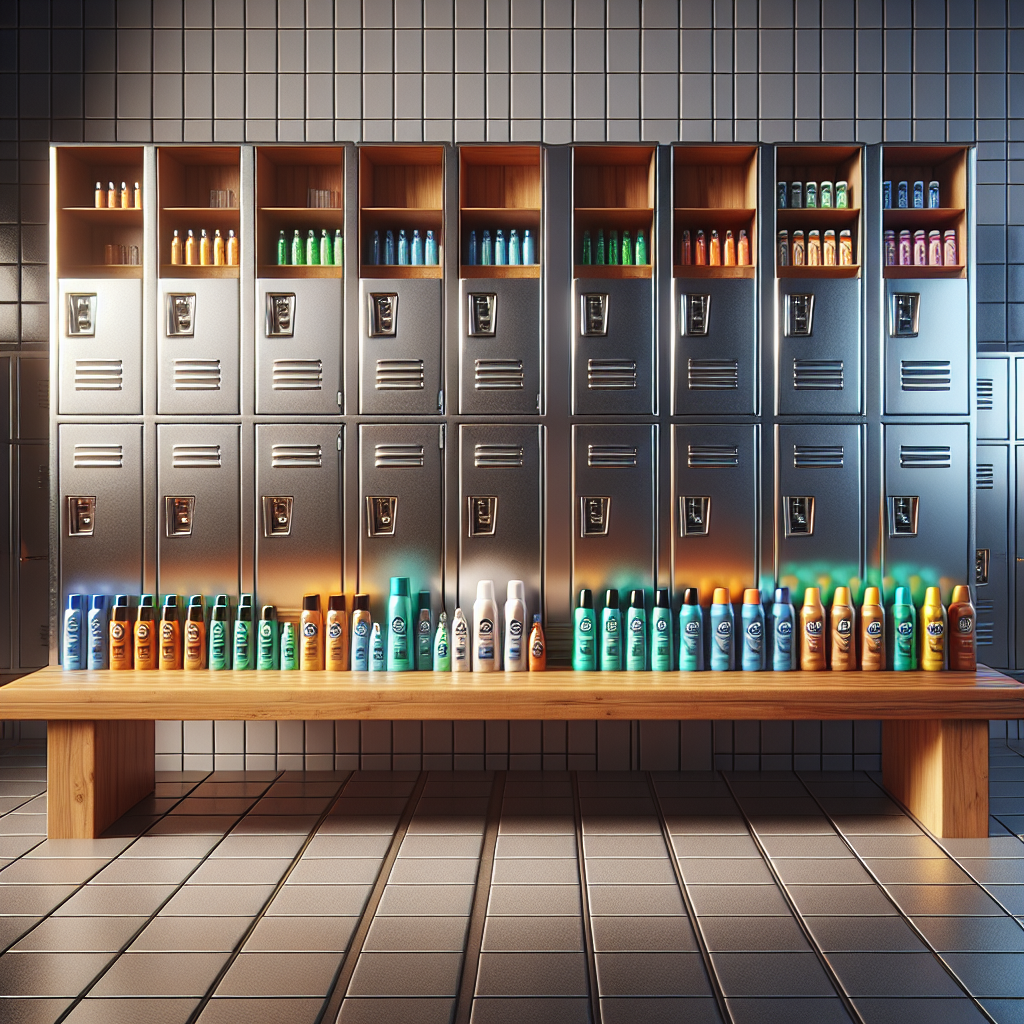 A realistic image of a locker room with deodorants.