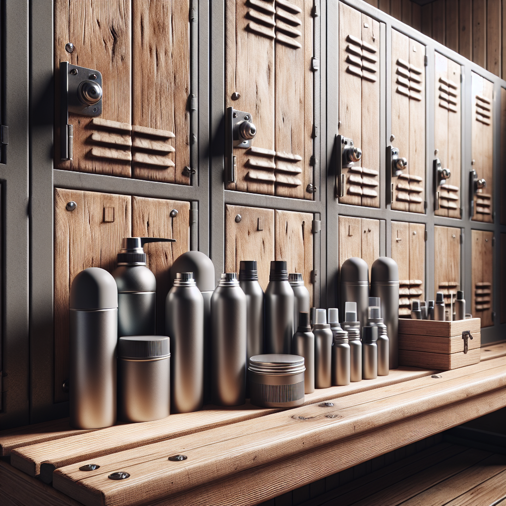 A realistic image of a locker room with various deodorants displayed.