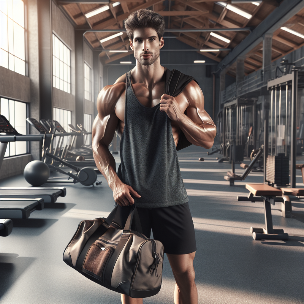 A realistic image of a fit athlete with a gym bag in a gym environment.