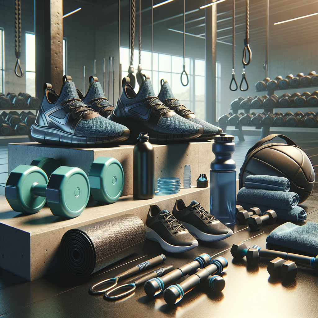 Athletic gear including dumbbells, running shoes, and a water bottle arranged in a modern gym setting.
