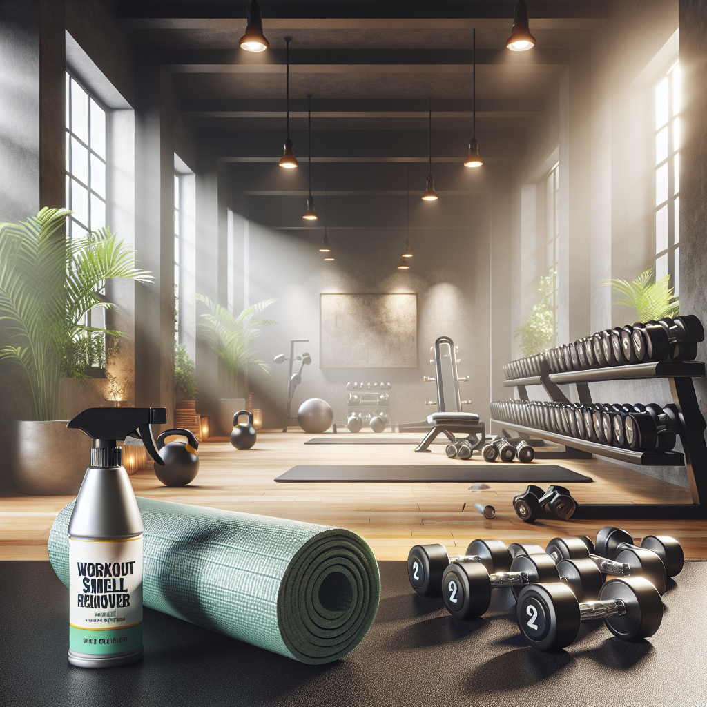 A realistic depiction of a clean gym environment with workout equipment and a prominently labeled 'Workout Smell Remover' spray bottle.