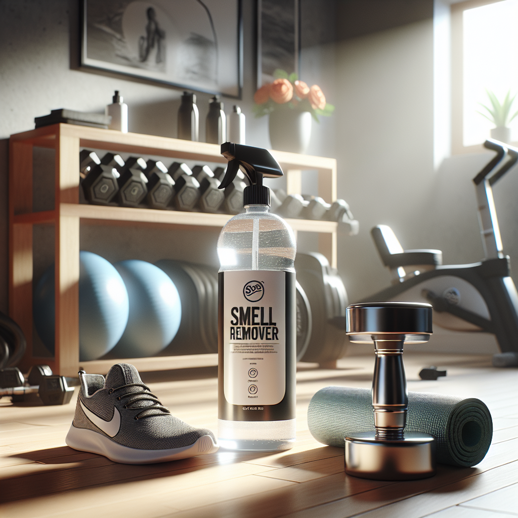 Realistic depiction of workout equipment and a bottle of smell remover in a home gym setting.