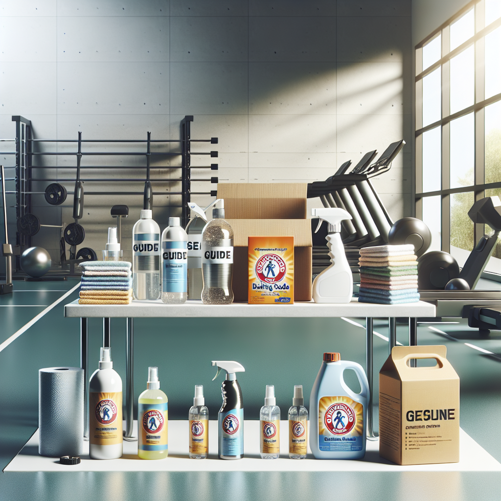 A guide setup for removing workout smells with cleaning products on a clean surface, in a realistic style.