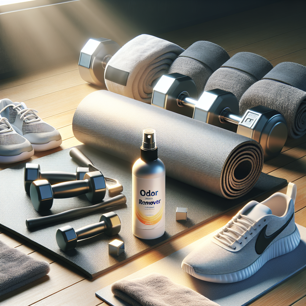 An image of workout gear and a bottle of odor remover spray.