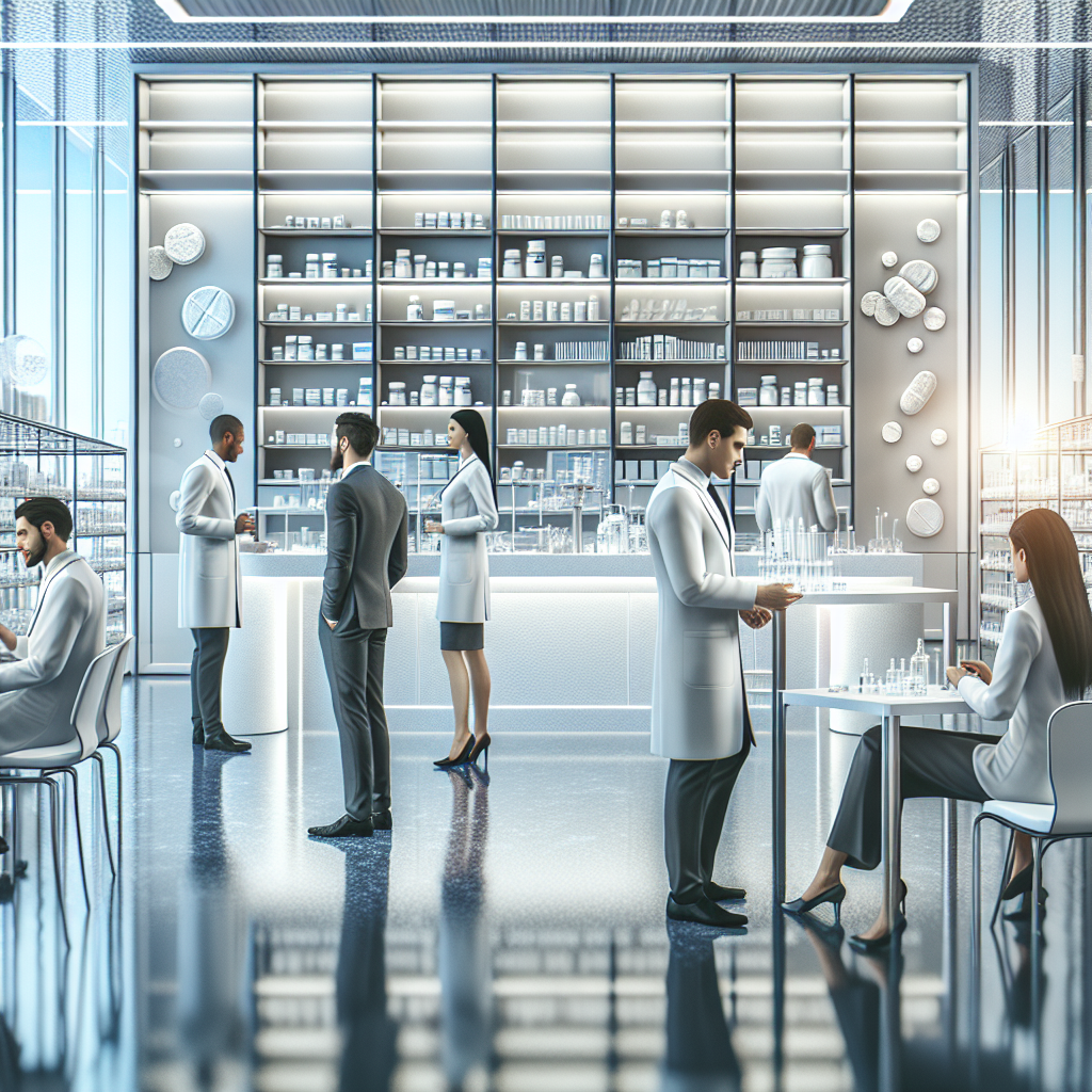 The Biggest Pharmaceutical Sales Companies You Need to Know 3 A realistic depiction of pharmaceutical sales giants with professionals in a high-tech setting showcasing innovations.