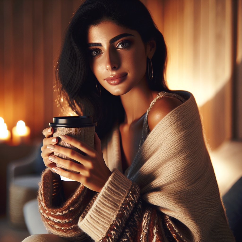 A woman in a cozy sweater wrap with a warm beverage, exuding relaxation and style.