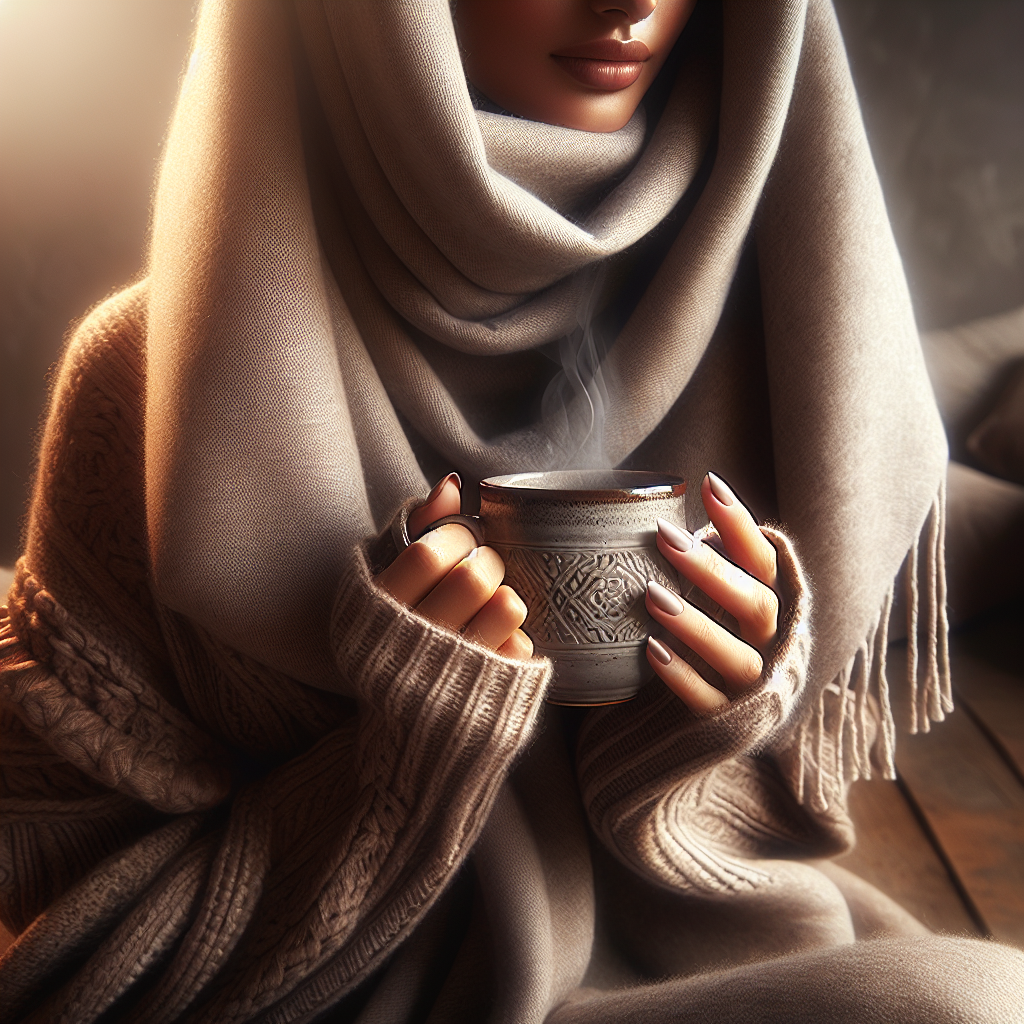 Woman in cozy sweater wrap with warm beverage signifies relaxation and fashion.