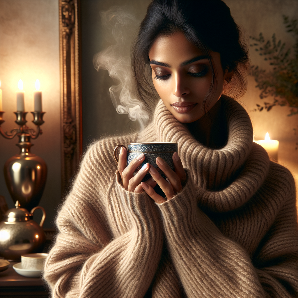 A woman in a cozy sweater wrap holding a warm beverage.