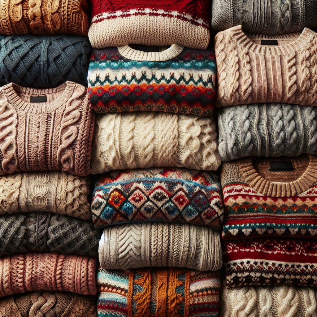 An array of cozy, knitted sweaters in a realistic style.