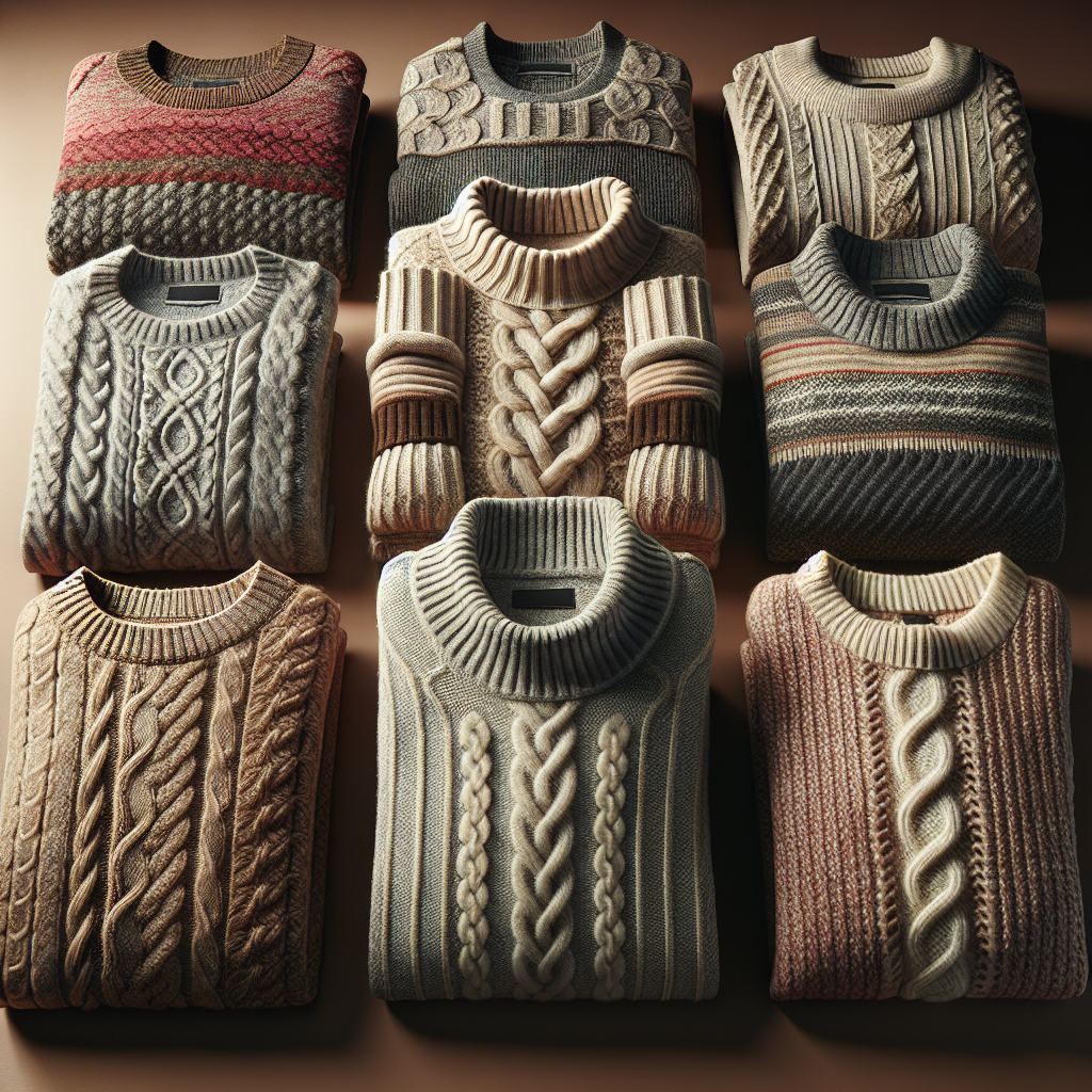 An assortment of cozy, textured sweaters in a warm, realistic style.