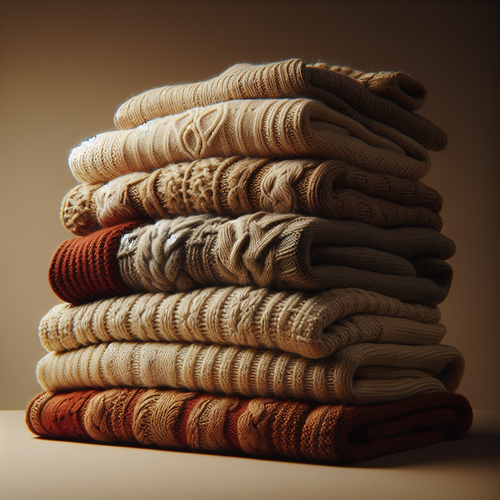 A pile of various cozy sweaters with intricate knit patterns.