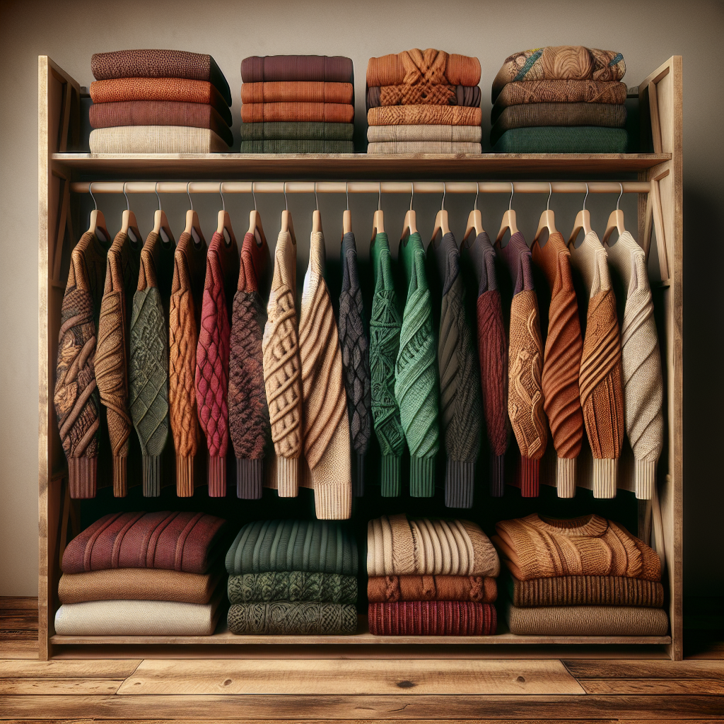 Assorted cozy sweaters on wooden shelves in warm autumnal colors.