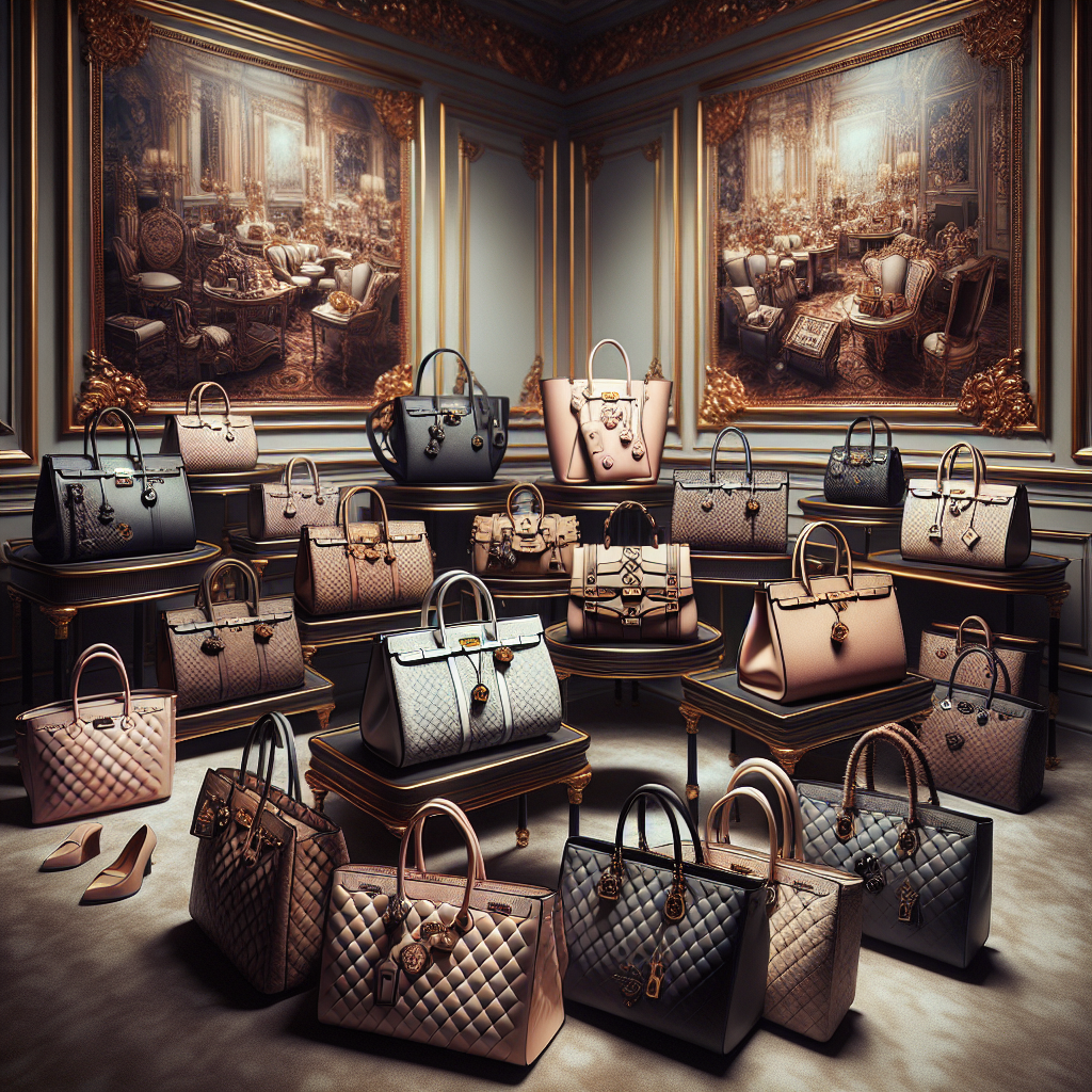 Luxurious display of high-end designer handbags from this year's collections in a boutique setting, with a hyper-realistic style.