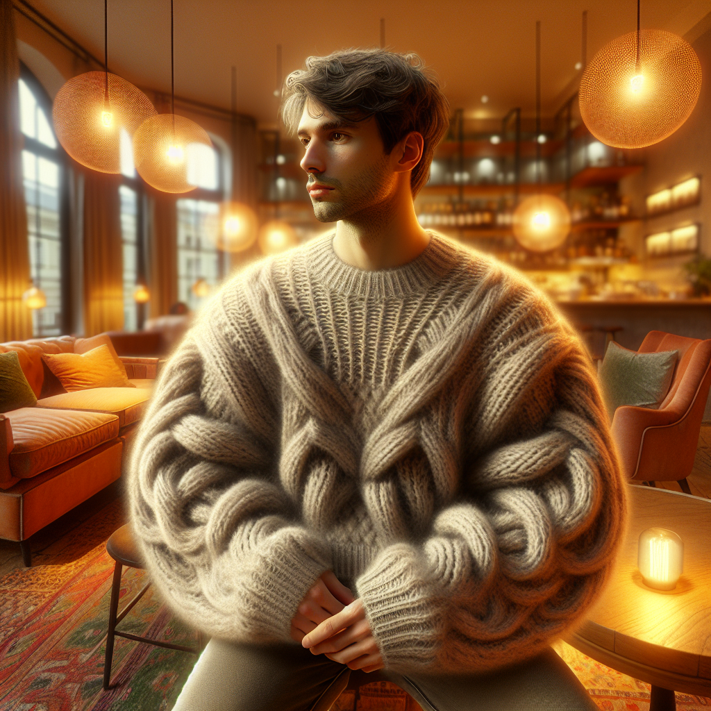 A cozy autumn scene with a person wearing an oversized sweater in a warm, inviting setting.