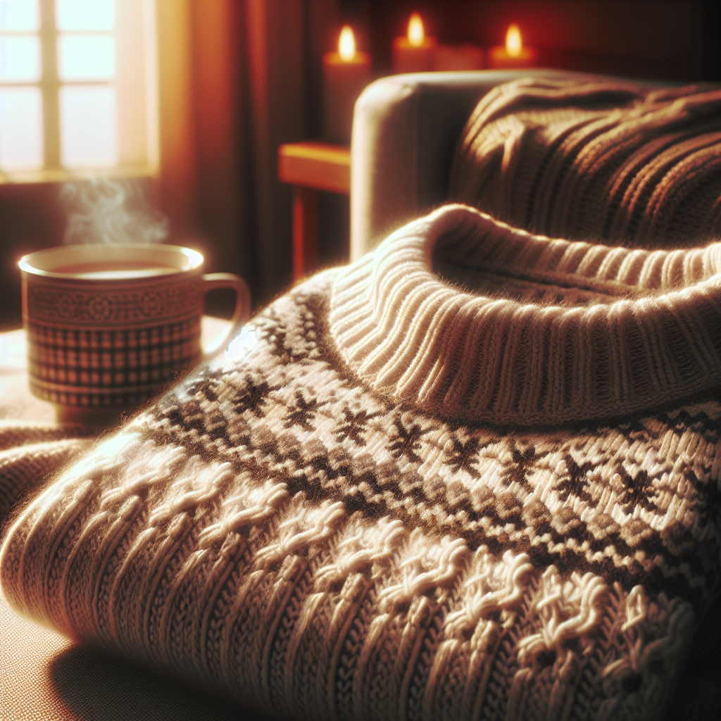 A cozy sweater with intricate knitting patterns, warm lighting, and an inviting atmosphere.