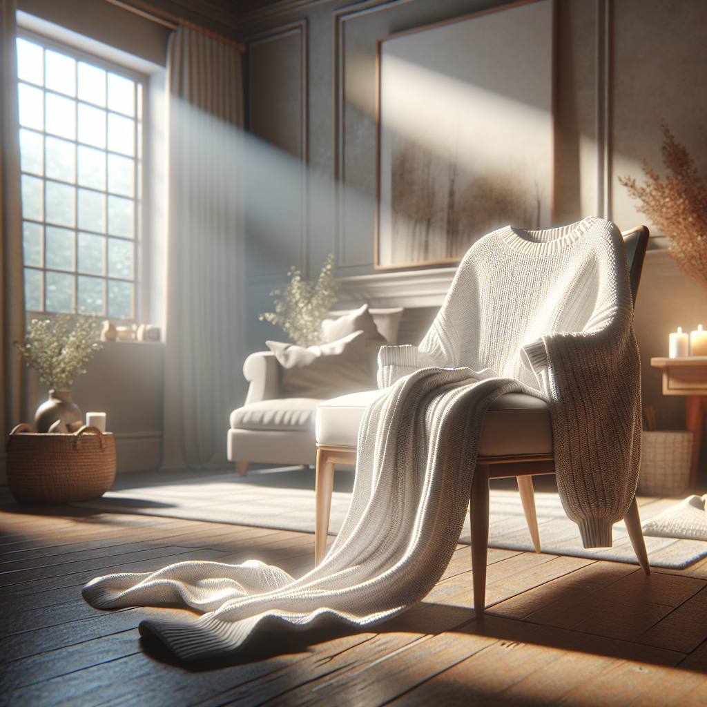 A cozy sweater draped over a chair in a warmly decorated, naturally lit room.