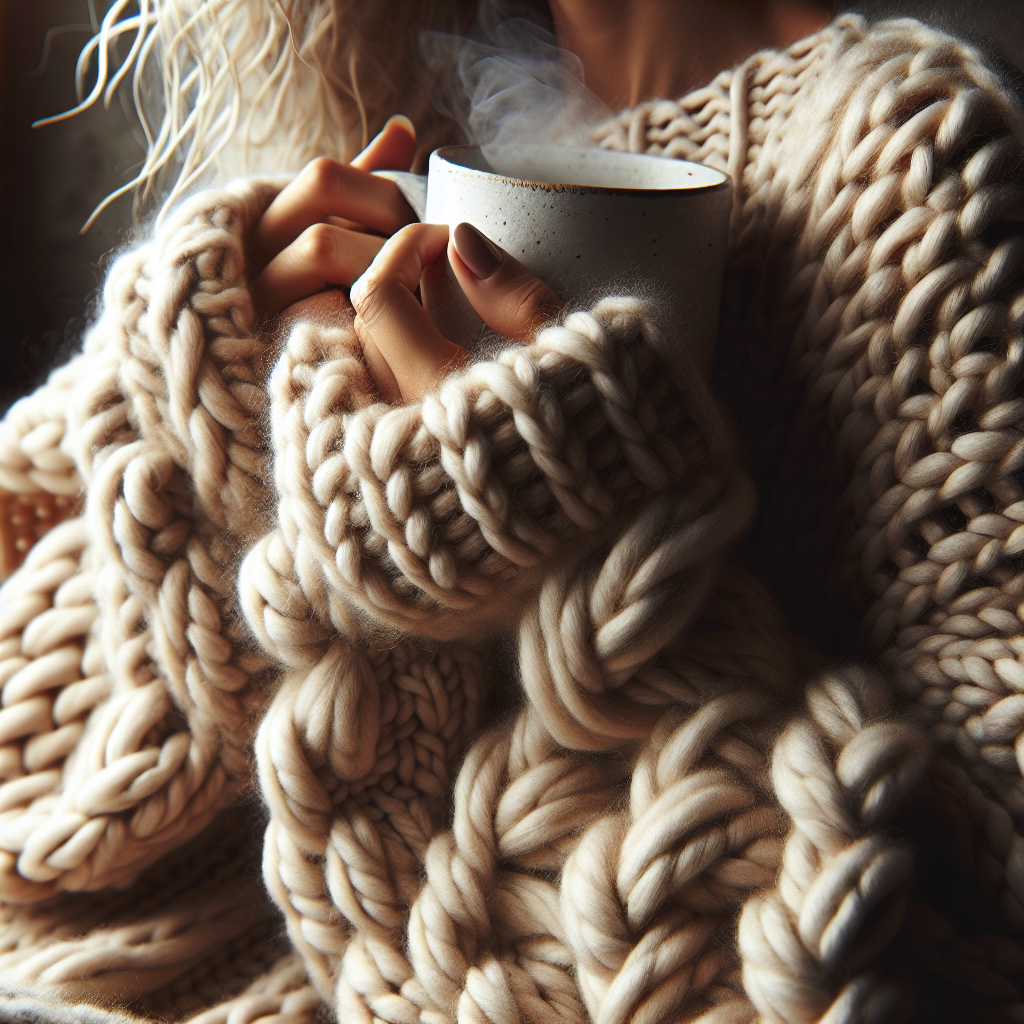 A realistic depiction of cozy sweater aesthetic in a warm, inviting setting.