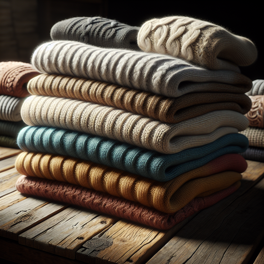 Realistic image of cozy sweaters folded on a wooden table.