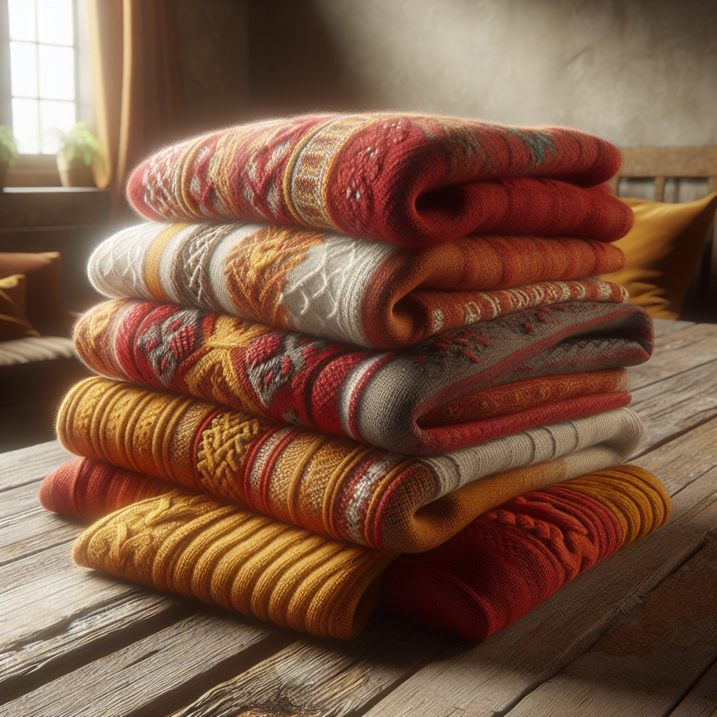 A cozy scene with neatly folded sweaters in warm colors on a rustic wooden table.