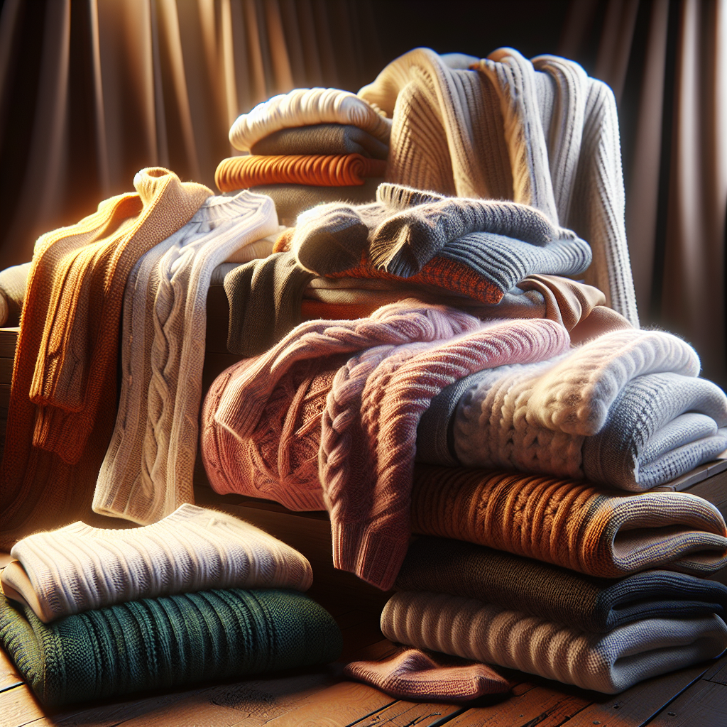 Realistic depiction of cozy sweaters showcasing knit patterns and softness in a warm environment.