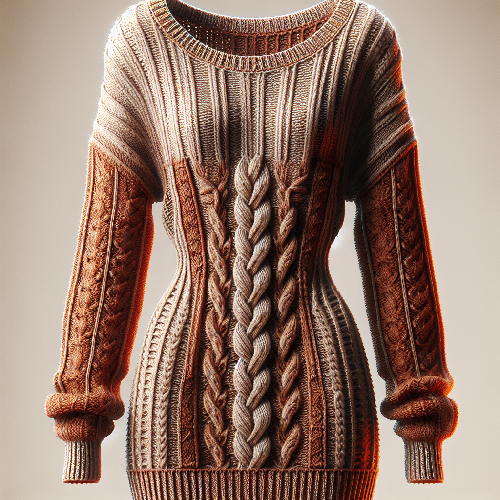 A realistic depiction of a cozy sweater dress showcasing detailed knit patterns and soft fabric texture.