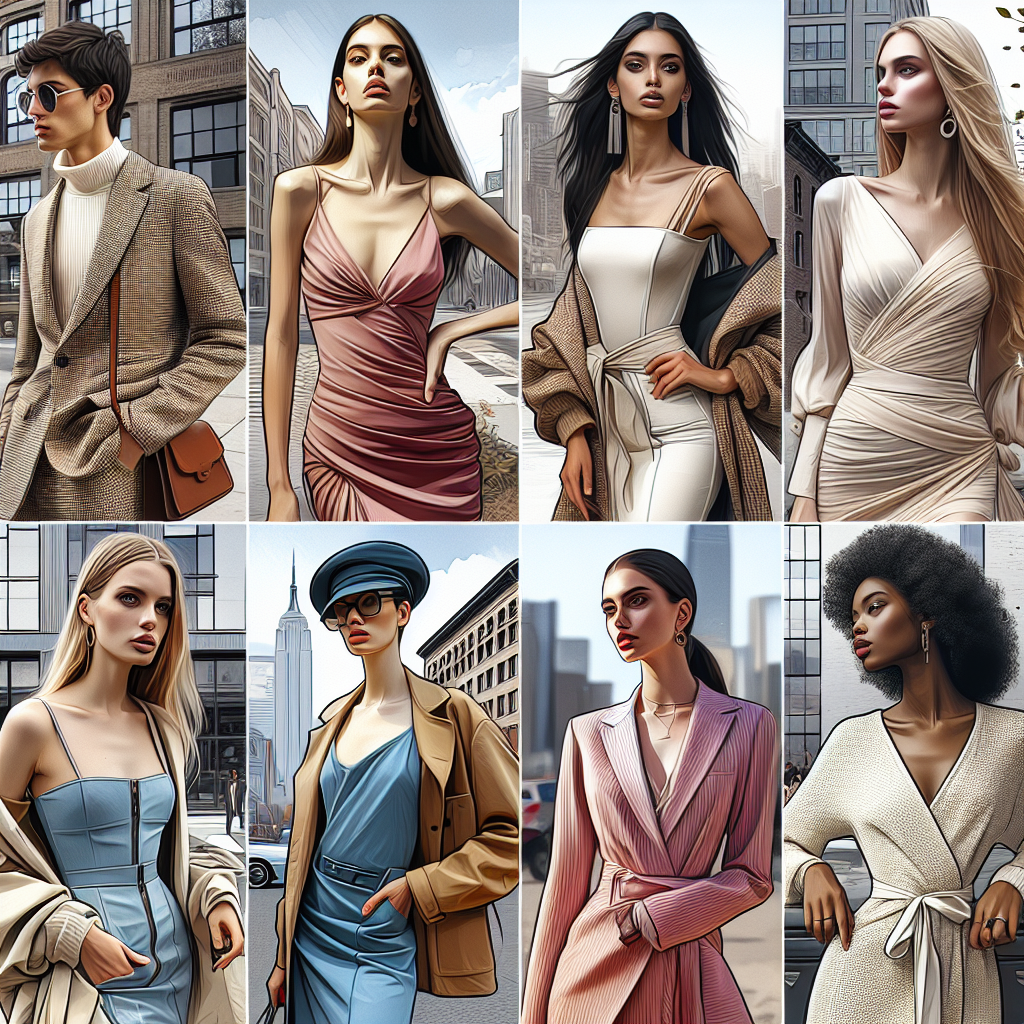 A realistic illustration of the latest dress trends in a stylish urban setting.