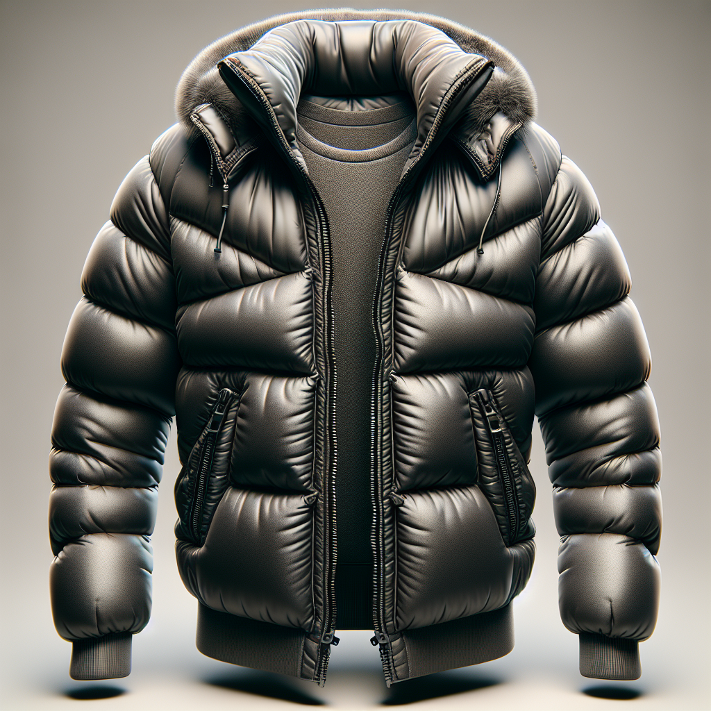 A realistic down jacket showcasing its material and details.