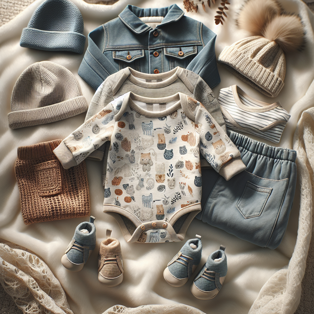 An assortment of stylish boys' newborn clothing laid out, highlighting trendy outfits and textures.