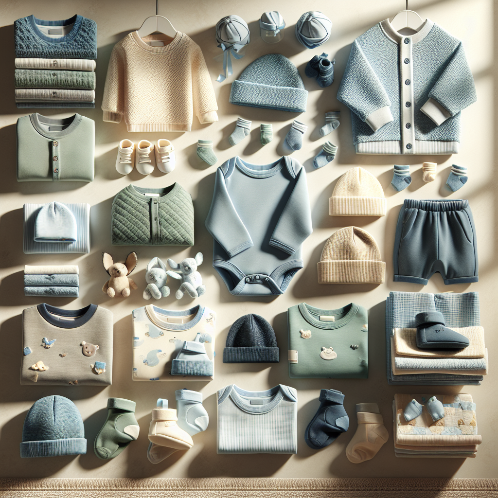 Assorted trendy boys' newborn clothing items arranged on display, highlighting soft onesies and snug hats in soft colors with natural lighting.