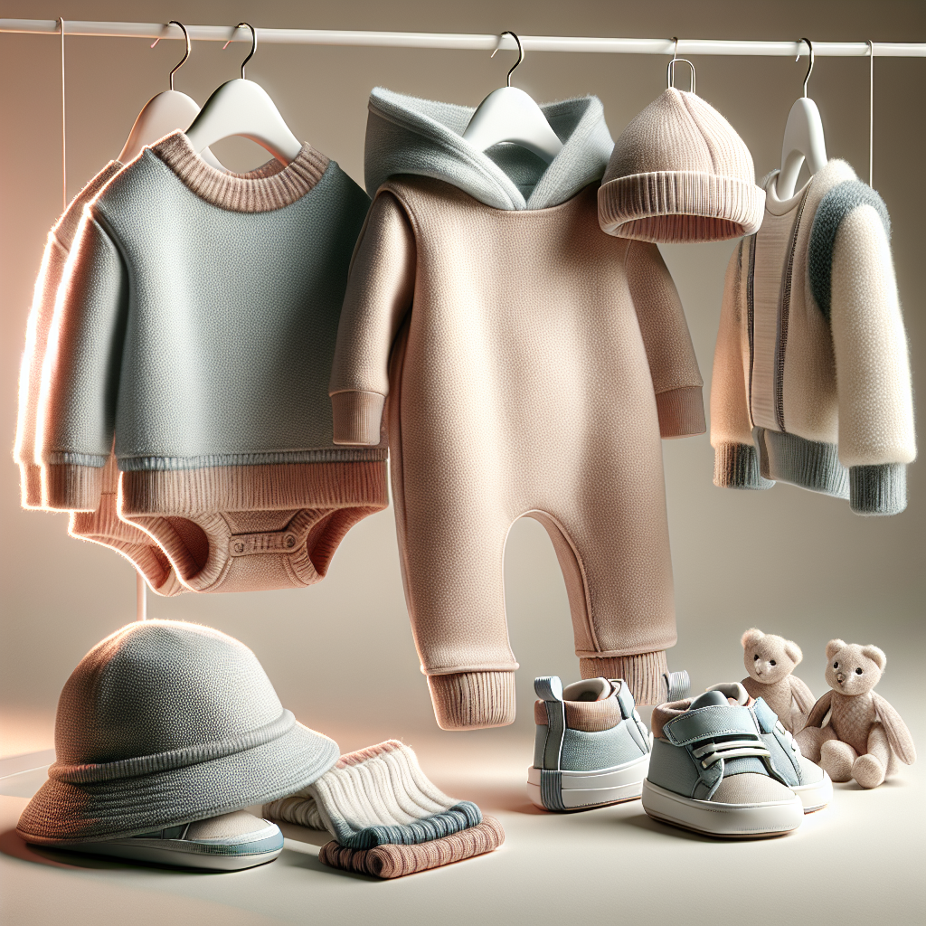 A boutique-style display of trendy boys' newborn clothing, featuring a soft baby onesie, snug hat, and stylish shoes in a pastel color palette.