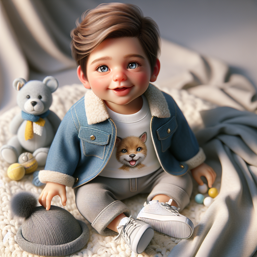 Newborn baby boy in trendy clothes, sitting on a soft blanket with a beanie and toys around him.