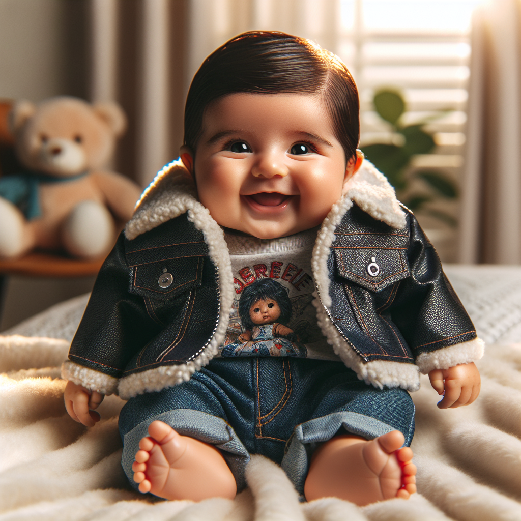 Realistic image of a smiling baby dressed in trendy designer clothes, sitting with plush toys on a luxurious blanket.