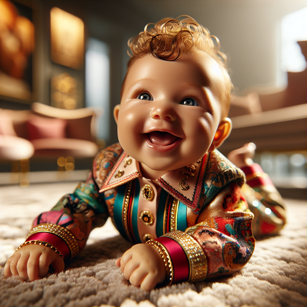 A baby in stylish designer clothes sitting joyfully on a plush carpet with an upscale, modern background.