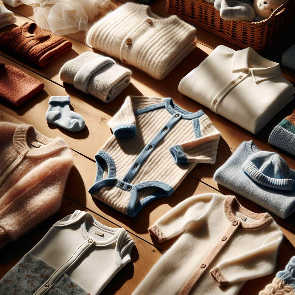 Designer baby clothes including onesies, blankets, and outfits arranged on a wooden surface in natural light.