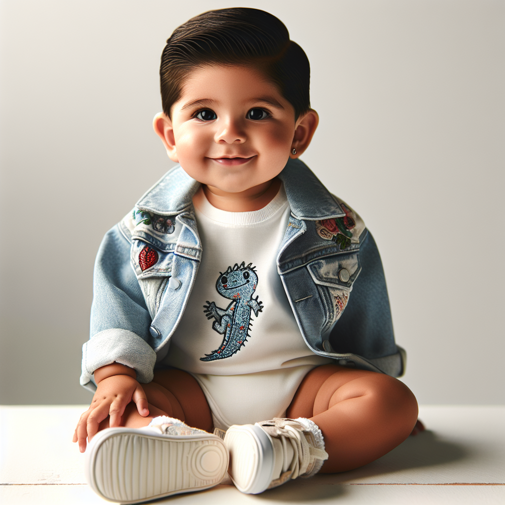 A happy baby dressed in a miniature stylish adult-like outfit including a denim jacket and graphic onesie, sitting against a neutral background.