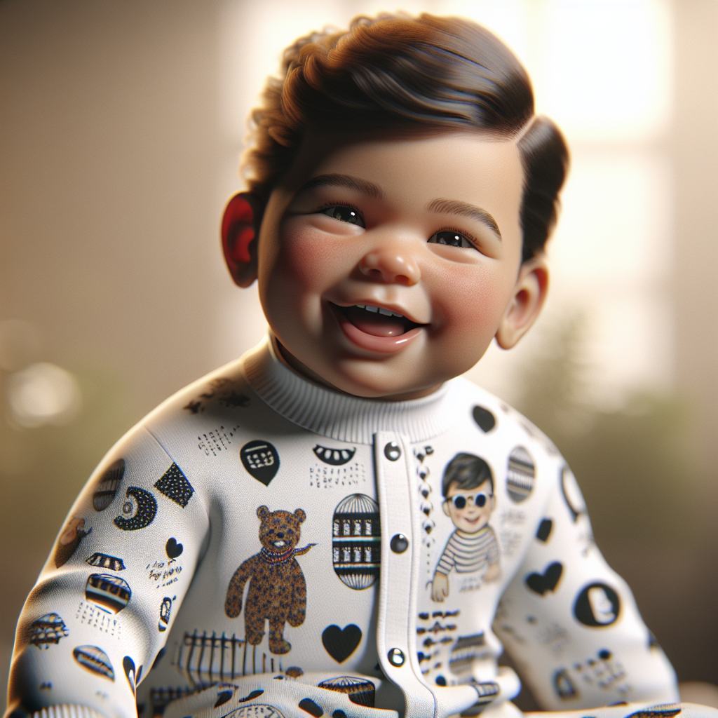 A baby with a cheerful expression wearing a trendy and cozy onesie with whimsical prints, sitting comfortably.