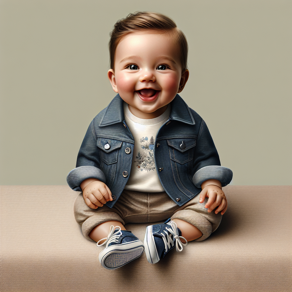 Adorable baby dressed in trendy miniature adult clothing, exuding style and comfort, seated on a soft blanket with a heartwarming ambiance.